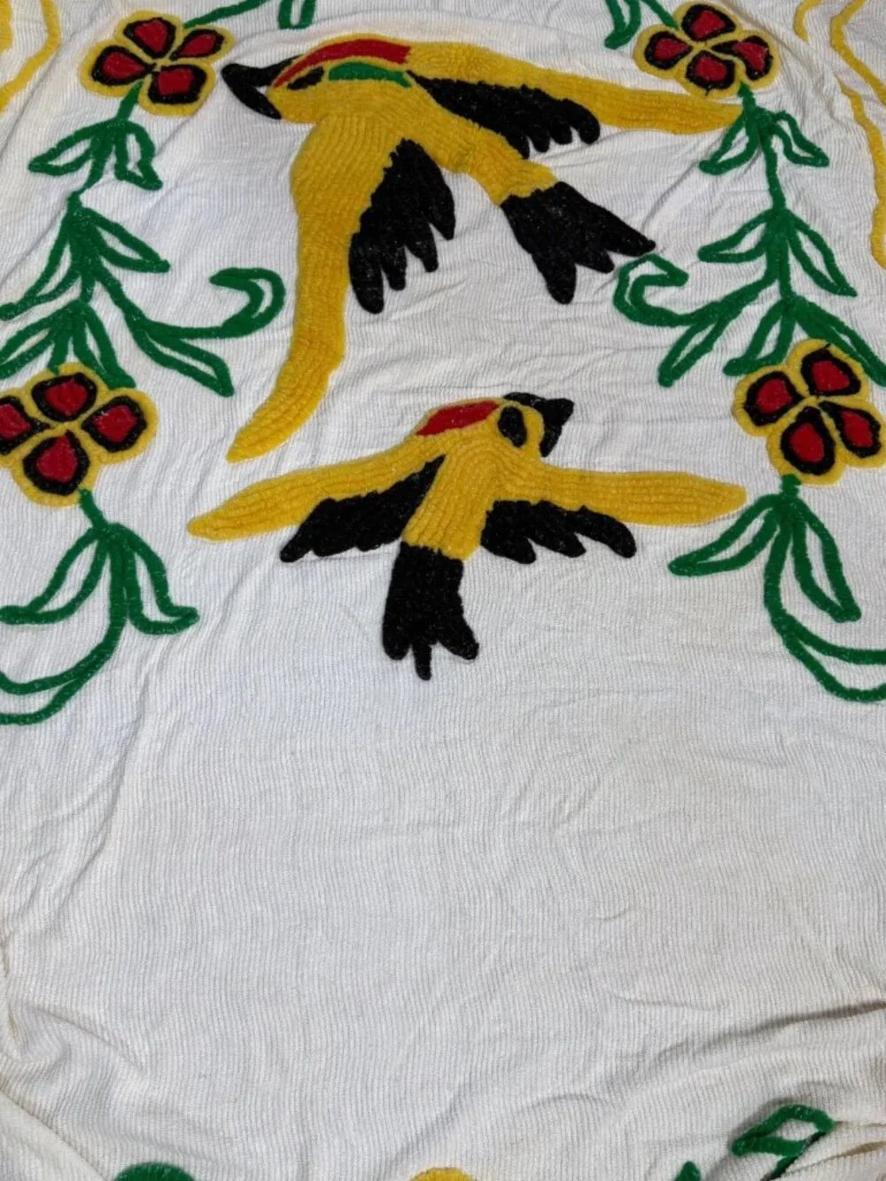 Vintage Chenille Bedspread Yellow Birds Floral Fringed Edges 89
